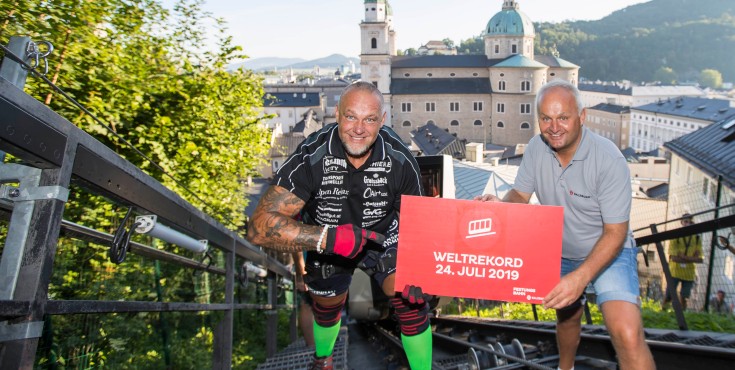 Salzburg AG Weltrekord von Franz Müllner auf der Salzburger Festungsbahn Foto: Neumayr/Leo 24.07.2019 im Bild Franz Müllner und Christian Wörister von der Salzburg AG