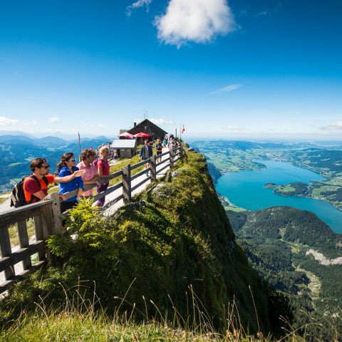 Vier Wanderer stehen am Schafberg im Hintergrund sieht man die Schutzhütte Himmelspforte an einem sonnigen Tag