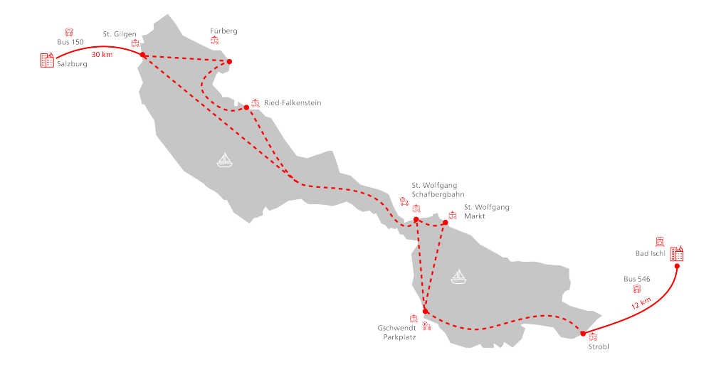 Ein Plan auf dem man den Wolfgangsee sieht und die Strecke mit roten Linien eingezeichnet
