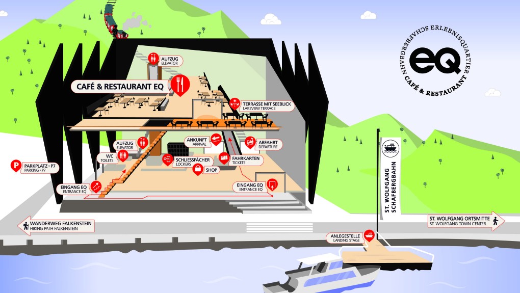 Plan von der Anlegestelle St. Wolfgang Schafbergbahn und dem ErlebnisQuartier gezeichnet